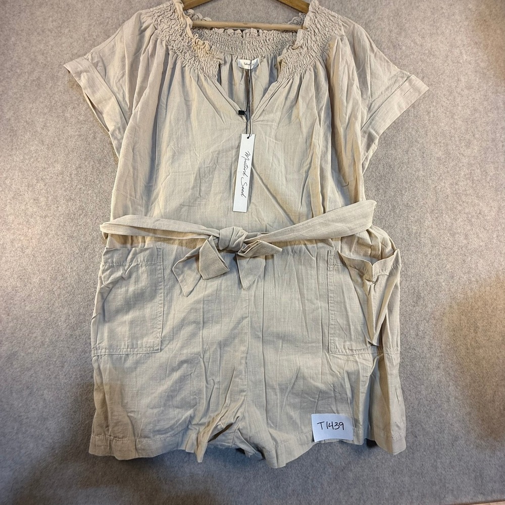 Mustard Seed Womens Beige Smocked Neck Belted Romper‎ Size Large NWT